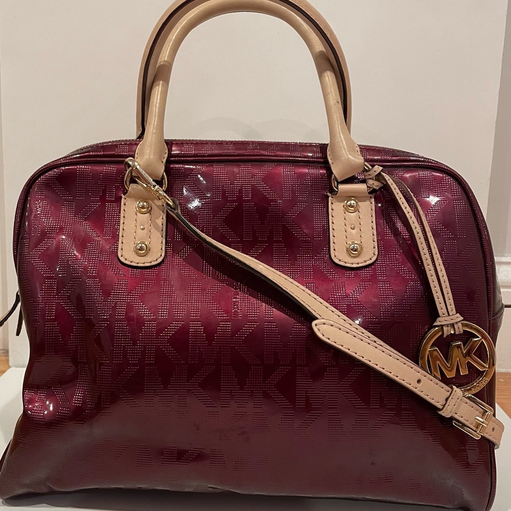 Michael Kors Burgundy and Cream Satchel with Gold Accents